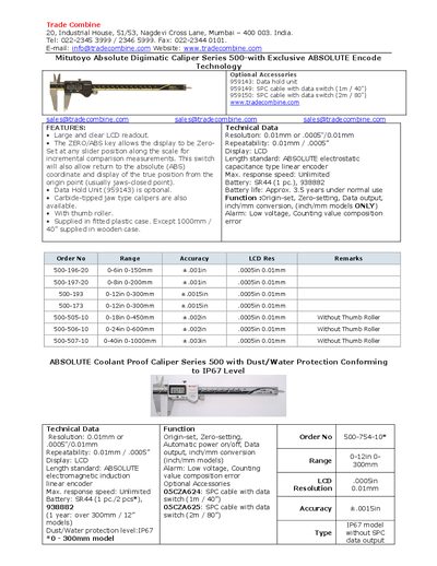 Mitutoyo Series 500 Digimatic Caliper Datasheet - cover page