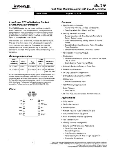 Intersil ISL1219 Datasheet - cover page