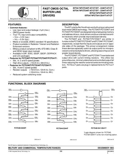 Integrated Device Technology IDT54/74FCT240T/AT/CT/DT - 2240T/AT/CT IDT54/74FCT244T/AT/CT/DT - 2244T/AT/CT IDT54/74FCT540T/AT/CT IDT54/74FCT541/2541T/AT/C Manual - cover page