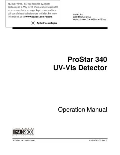 ProStar 340 UV-Vis Detector Manual - cover page
