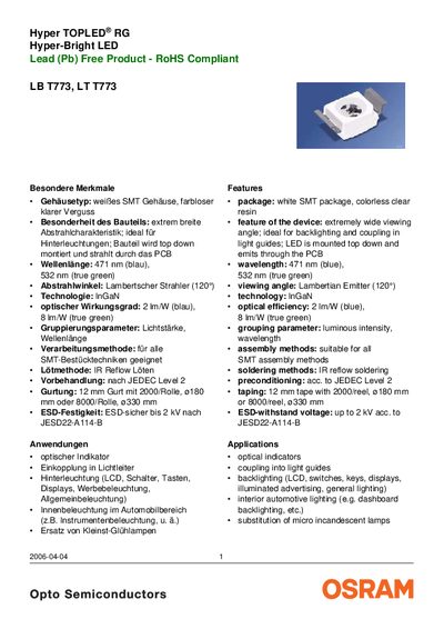 OSRAM LB T1773 / LT T773 Hyper TOPLED RG Hyper-Bright LED Datasheet