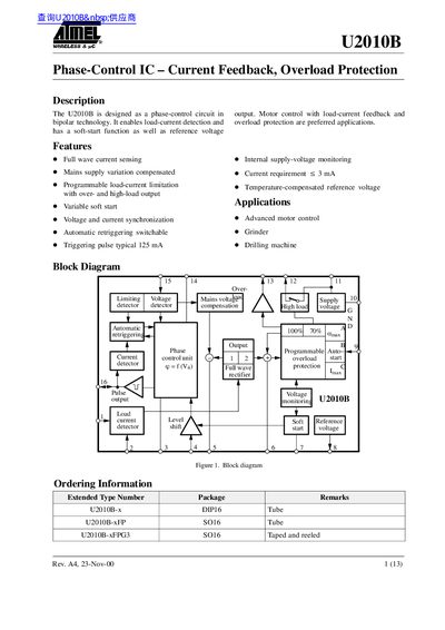 AIMEL U2010B Phase-Control IC Datasheet - cover page