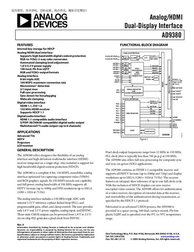 Analog Devices AD9380 Analog/HDMI Dual-Display Interface Datasheet - cover page