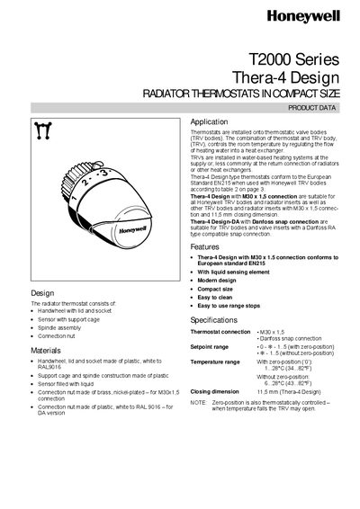 Honeywell T2000 Series Thera-4 Design Radiator Thermostat Manual - cover page