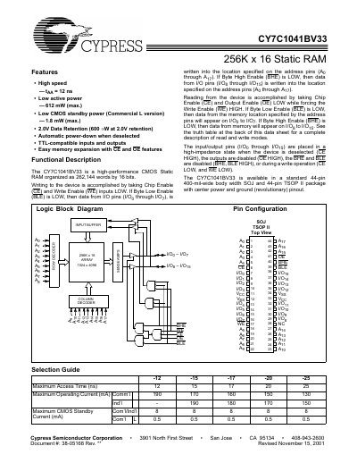 Cypress Semiconductor CY7C1041BV33 Static RAM Datasheet - cover page