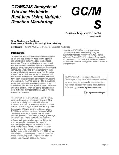 Agilent GC/MS/MS Analysis of Triazine Herbicide Residues Using Multiple Reaction Monitoring Application Note 51 - cover page