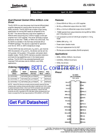 Intersil EL1537A Dual Channel ADSL2+ Line Driver Datasheet