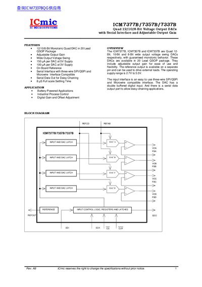 ICmic ICM7377B/7357B/7337B Quad 12/10/8-Bit Voltage Output DACs Datasheet - cover page
