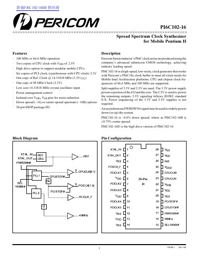 Pericom PI6C102-16 Spread Spectrum Clock Synthesizer Datasheet