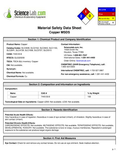 ScienceLab.com Copper Material Safety Data Sheet - cover page
