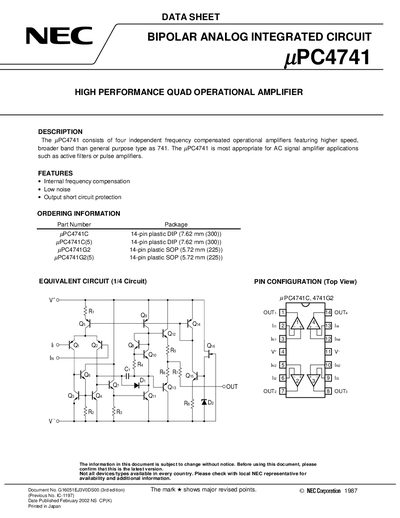 NEC uPC4741 Quad Operational Amplifier Datasheet - cover page