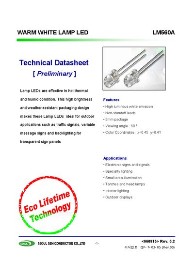 Seoul Semiconductor LM560A Warm White Lamp LED Datasheet - cover page