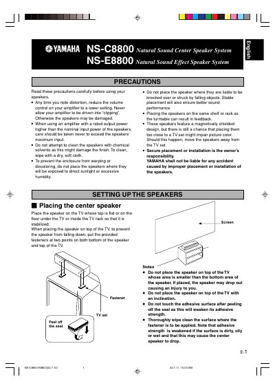 Yamaha NS-C8800/NS-E8800 Natural Sound Speaker System User Manual - cover page