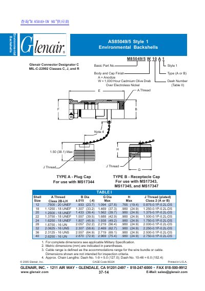 Glenair 37-14AS85049/5 Environmental Backshell Datasheet - cover page