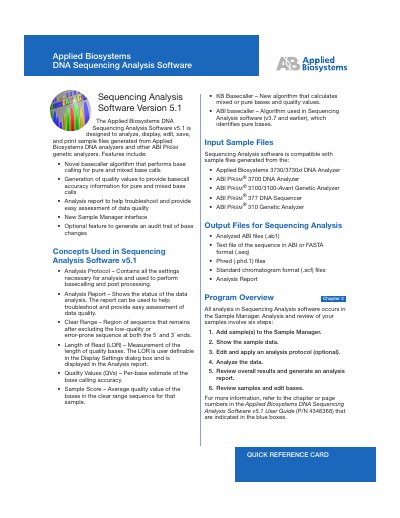 Applied Biosystems DNA Sequencing Analysis Software v5.1 Quick Reference Card