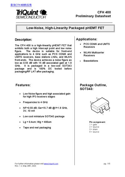 TriQuint CFH400 Low-Noise pHEMT FET Preliminary Datasheet - cover page