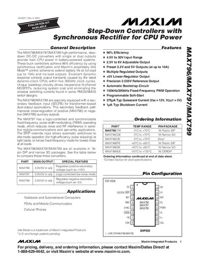 Maxim MAX796/MAX797/MAX799 Step-Down Controllers with Synchronous Rectifier for CPU Power Datasheet - cover page
