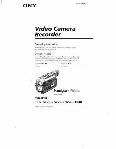 Sony CCD-TRV62/72/82 Camcorder User Manual - cover page