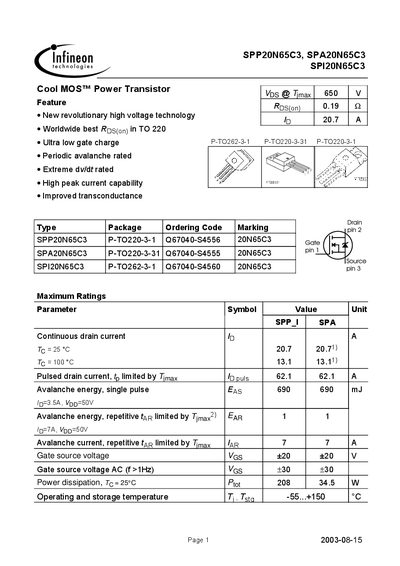 INFINEON SPP20N65C3 SPA20N65C3 SPI20N65C3 Manual - cover page