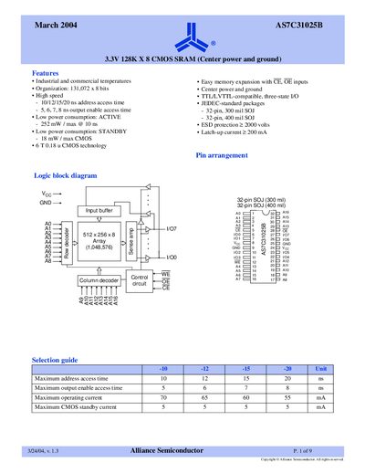Alliance Semiconductor AS7C31025B Datasheet - cover page