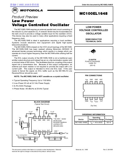 Motorola MC100EL1648 Low Power Voltage Controlled Oscillator Datasheet - cover page