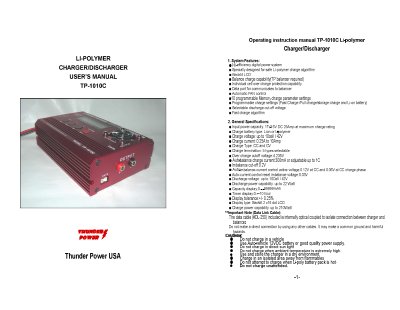 Thunder Power TP-1010C Li-Polymer Charger/Discharger User Manual - cover page