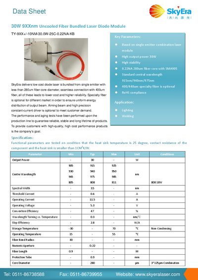 SkyEra TY-9XX+/-10NM-30.0W-25C-0.22NA-KB Laser Diode Module Data Sheet