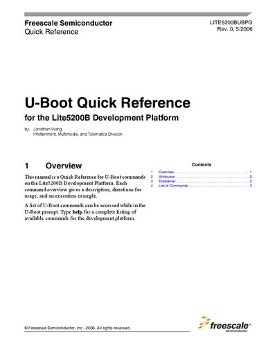 Freescale Lite5200B Development Platform U-Boot Quick Reference - cover page