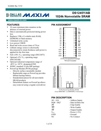 Maxim DS1245Y/AB 1024k Nonvolatile SRAM Datasheet - cover page