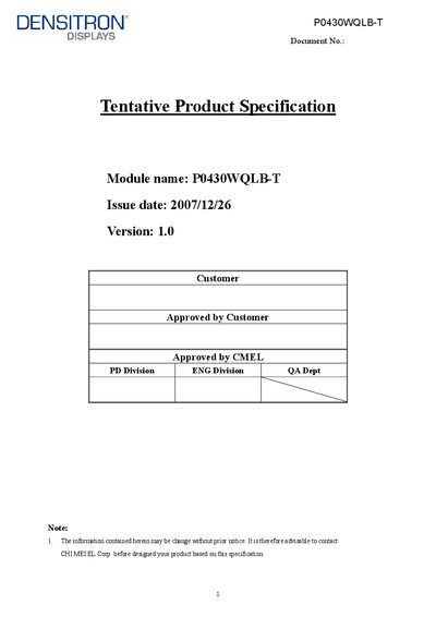 Densitron P0430WQLB-T Tentative Product Specification - cover page
