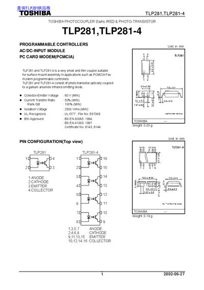 Toshiba TLP281/TLP281-4 Optocoupler Datasheet