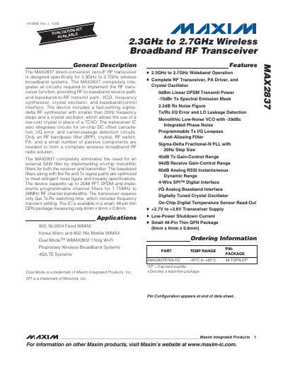 Maxim Integrated MAX2837 RF Transceiver Datasheet - cover page