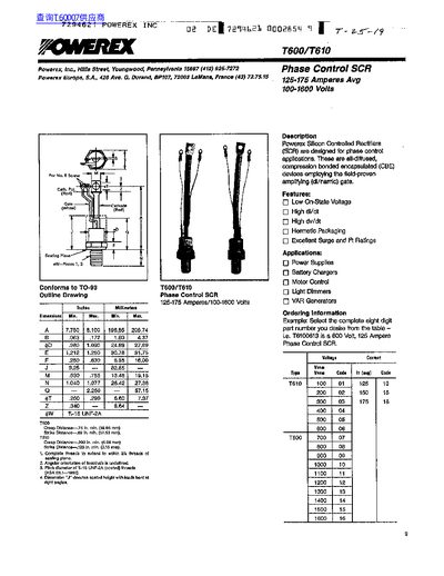 Powerex T600/T610 Phase Control SCR Datasheet - cover page