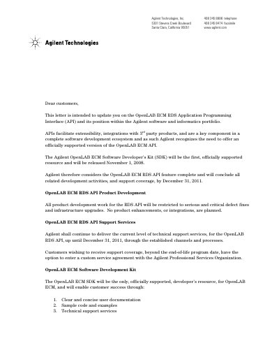 Agilent OpenLAB ECM RDS API Customer Announcement Manual - cover page