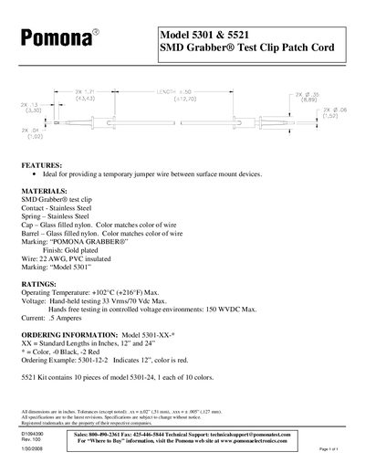 Pomona 5301/5521 SMD Grabber Test Clip Patch Cord Product Leaflet - cover page