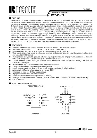 Ricoh R2043K/T CMOS Real-Time Clock IC Datasheet - cover page