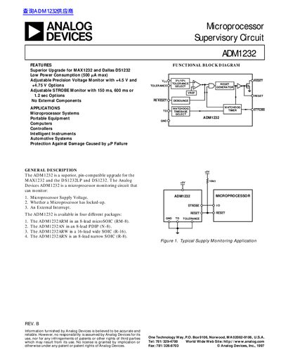 Analog Devices ADM1232 Microprocessor Supervisory Circuit Datasheet