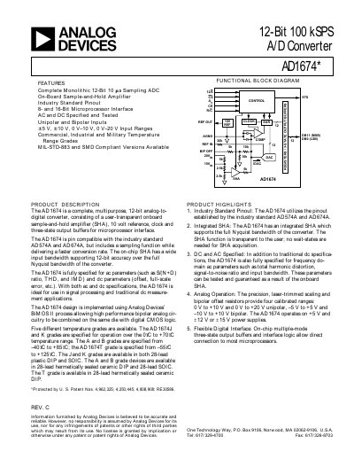 Analog Devices AD1674 12‑Bit 100 kSPS A/D Converter Datasheet - cover page