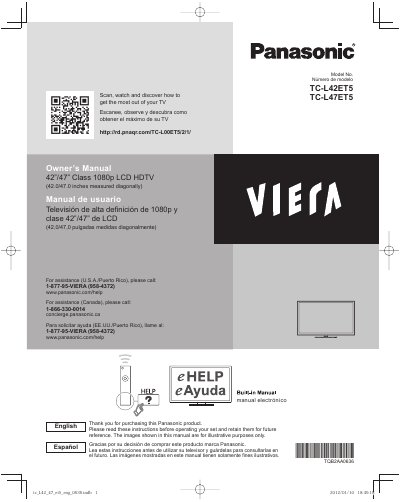 Panasonic TC-L42ET5/TC-L47ET5 1080p LCD HDTV Owner's Manual - cover page