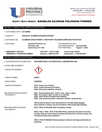 BaikaloX AK Series Alumina Polishing Powder Safety Data Sheet - cover page