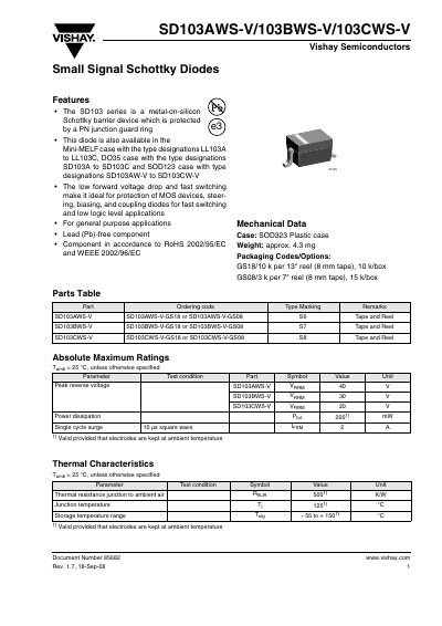 Vishay SD103AWS-V/103BWS-V/103CWS-V Small Signal Schottky Diodes Datasheet - cover page