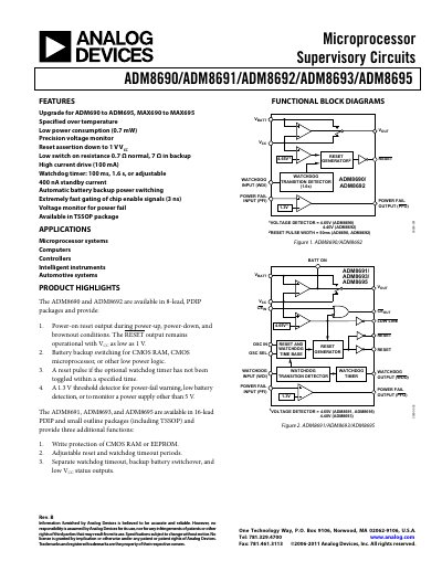 Analog Devices ADM8690/ADM8691/ADM8692/ADM8693/ADM8695 Supervisory Circuit Datasheet