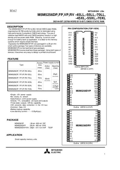 Mitsubishi M5M5256DP/FP/VP/RV -45LL/-55LL/-70LL/-45XL/-55XL/-70XL Datasheet - cover page