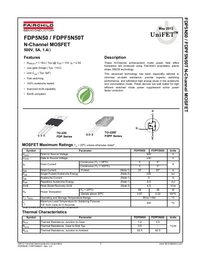 Fairchild FDP5N50/FDPF5N50T N-Channel MOSFET Datasheet - cover page