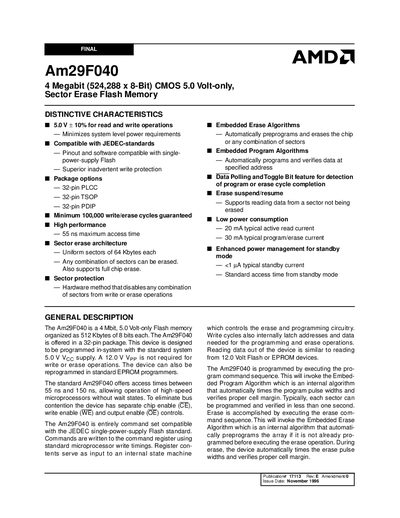 AMD Am29F040 4 Megabit Flash Memory Datasheet - cover page