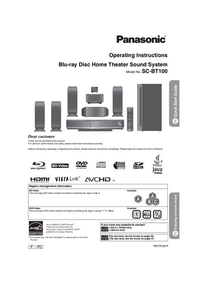 Panasonic SC-BT100 Blu-ray Disc Home Theater Sound System Operating Instructions - cover page