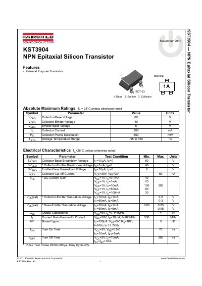 Fairchild Semiconductor KST3904 NPN Epitaxial Silicon Transistor Datasheet - cover page