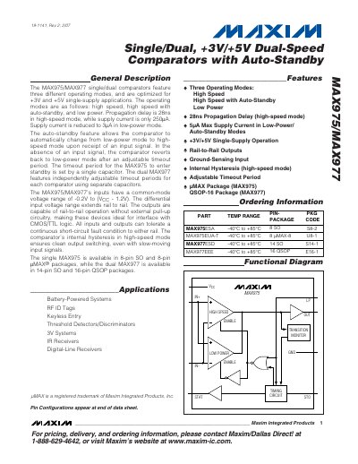 Maxim MAX975/MAX977 Single/Dual +3V/+5V Dual-Speed Comparators with Auto-Standby Datasheet - cover page