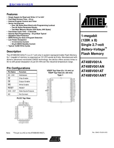 ATMEL AT49BV001A/AT49BV001AN/AT49BV001AT/AT49BV001ANT handbook