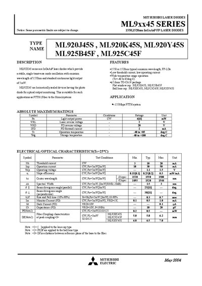 Mitsubishi ML9xx45 Series Laser Diode Datasheet - cover page